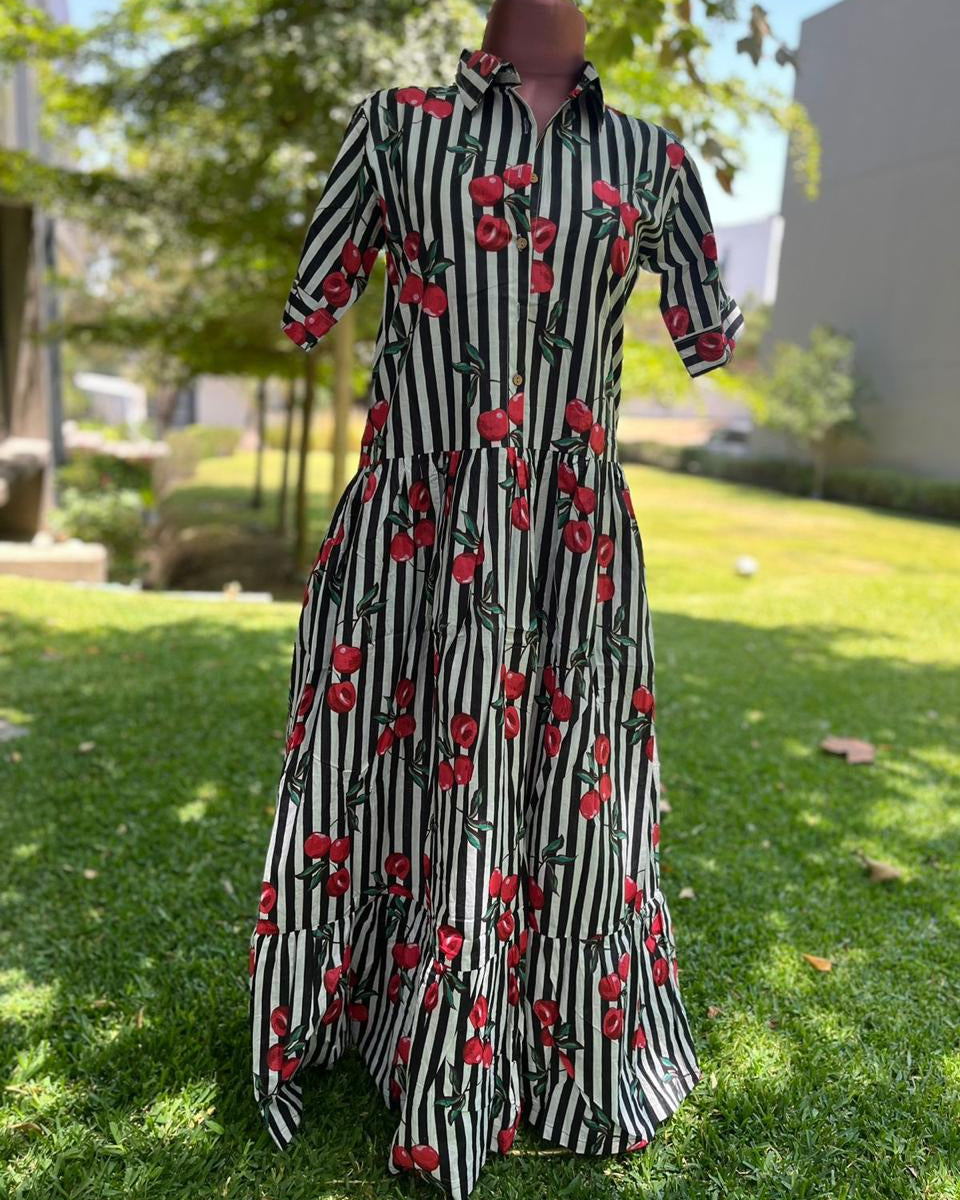 Vestido Camisero - Cerezas y Rayas B&W